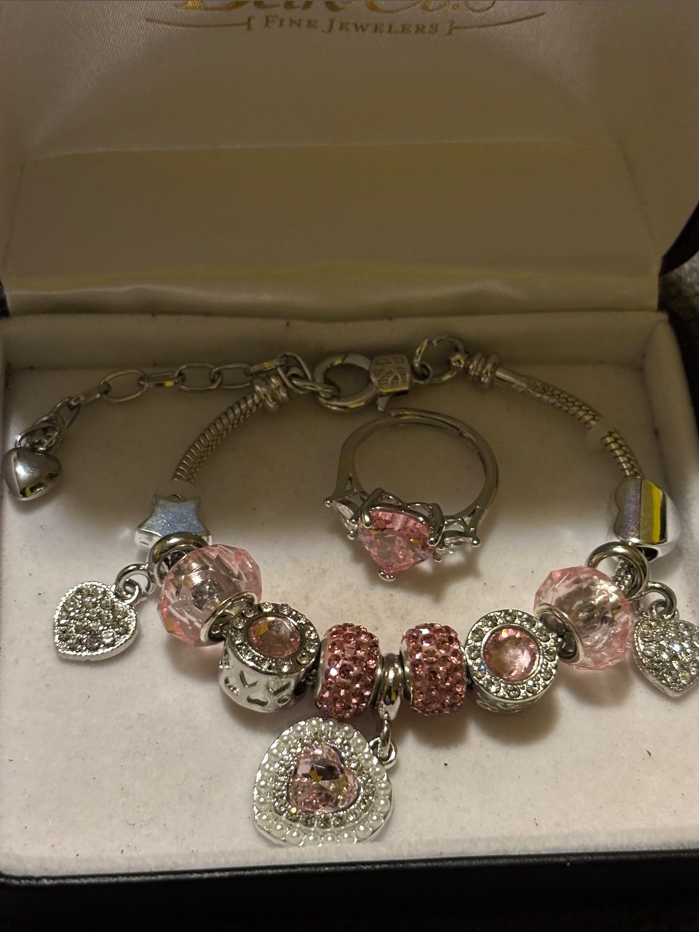 Sparkling Pink Heart Charm Bracelet and Ring Set by